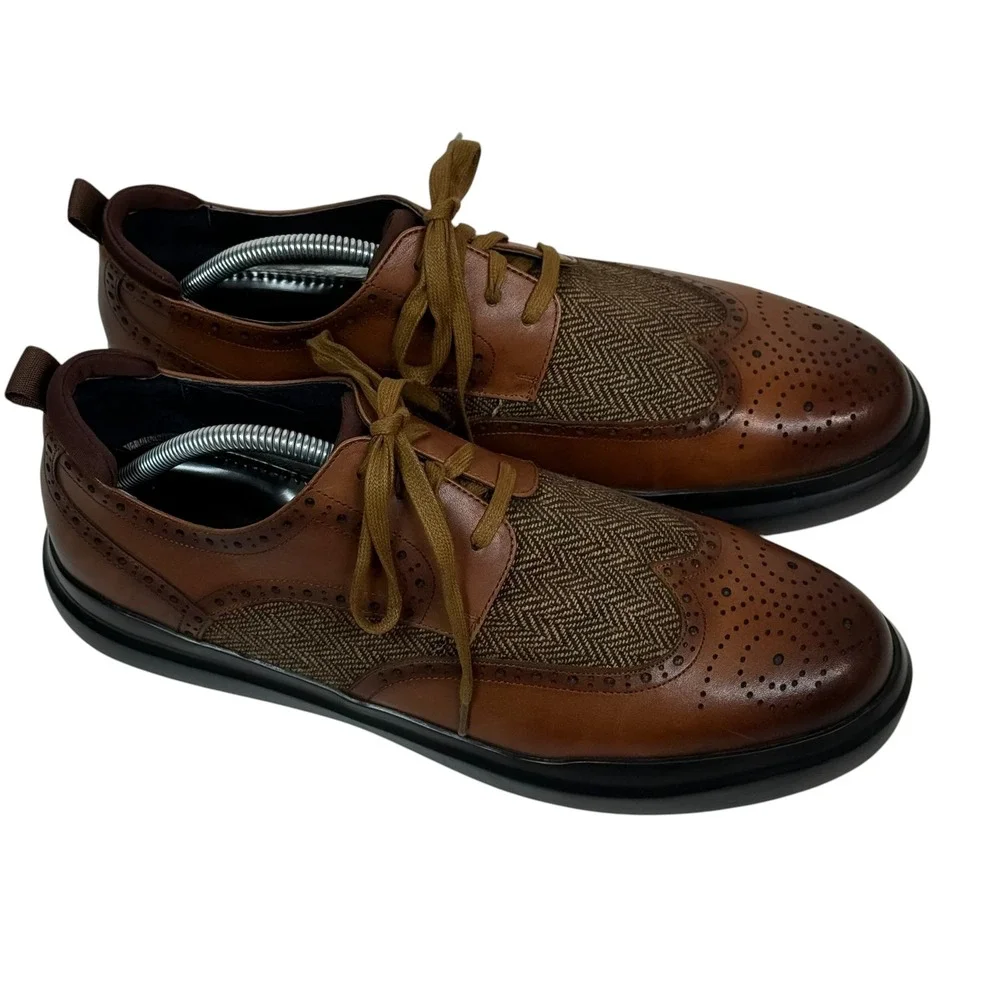 Zanzara Mens ZZ1556L Cognac Leather Herringbone Wingtip Oxford Shoes Size 11